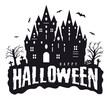 Castle and graveyard with scary pumpkins, hand zombie. Halloween decoration. Vector.