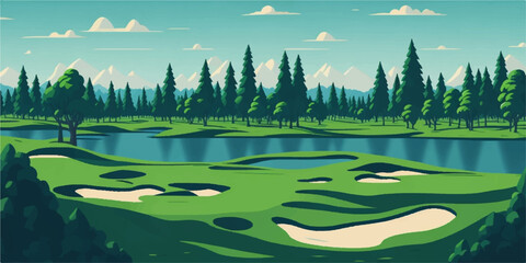 Vector illustration of a golf course. Golf Tournament.