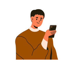 Poster - Happy person looking at smartphone in hand, reading message, surfing internet. Smiling man holding mobile phone, scrolling social media online. Flat vector illustration isolated on white background