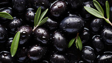 Black Olives With Leaves And Water Drops Background. Vegetables Backdrop. Generative AI
