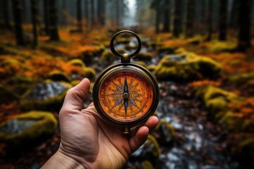 Wall Mural - Close-up of a persons hand holding a compass - stock photography concepts