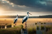 Wildlife, Beautiful Family Of Storks In The Swamp. Generative AI