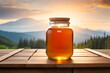 Honey in a closed glass jar and a bowl on a wooden background. Composition of honey jars, dipper and flowers. Healthy foods. organic honey. Organic products. Generative AI