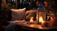 Cozy Outdoor Living Corner In The Garden Outside The House. Autumn Evening On The Patio Or Terrace Of Suburban House