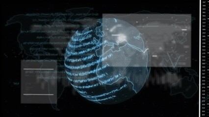 Poster - Animation of graph, circuit board pattern, map and abstract language on globe over black background
