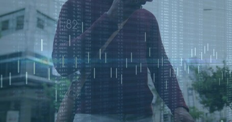 Poster - Animation of changing numbers and graph, senior african american man with bicycle using cellphone