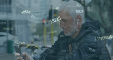 Poster - Animation of changing numbers, senior caucasian man listening to music wearing wireless headphones