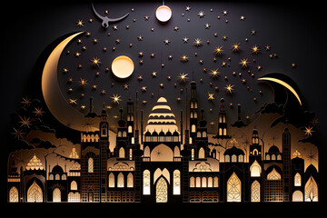 Wall Mural - Illustration capturing the beauty of a moonlit mosque during Eid, with Islamic details and motifs