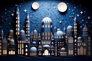 Illustration capturing the beauty of a moonlit mosque during Eid, with Islamic details and motifs
