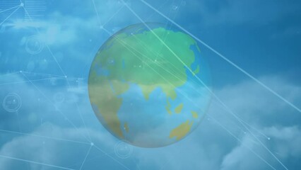 Poster - Animation of connected dots and rotating globe over aerial view of dense clouds