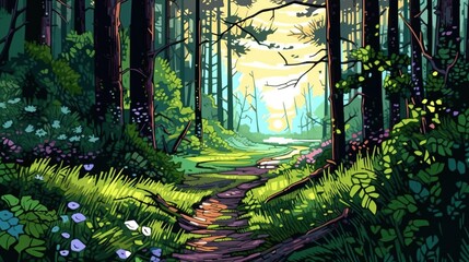 Wall Mural - Enchanting forest trail . Fantasy concept , Illustration painting.