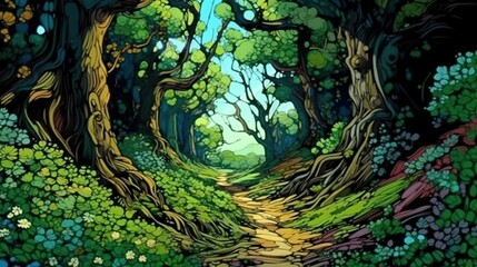 Wall Mural - Enchanting forest paths . Fantasy concept , Illustration painting.