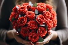Person Holding A Heart-shaped Bouquet Of Red Roses - Stock Photography Concepts