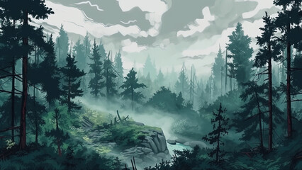 Wall Mural - Enchanting foggy forests . Fantasy concept , Illustration painting.