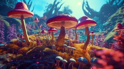 Wall Mural - Enchanting fairy-tale mushroom forest . Fantasy concept , Illustration painting.