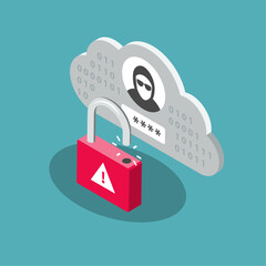 Leinwandbilder - Cloud account hijacking symbol with an unlocked padlock and a stolen user account. Flat design, easy to use for your website or presentation.