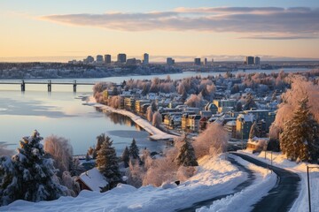 Poster - Snow-covered cityscape at twilight - stock photography concepts