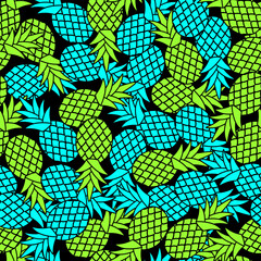 Wall Mural - Bright colorful print with pineapples seamless. Ideal for summer clothes and swimwear