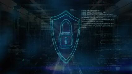 Poster - Animation of dots forming padlock in shield, computer language, binary codes over server room