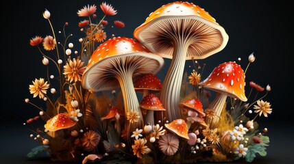 Poster - 3d Mushrooms, Wildflower Cottagecore, highly detailed, vivid color