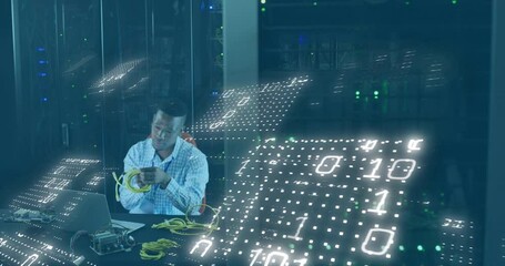 Poster - Animation of binary codes, african american man feeding cable details in laptop at server room
