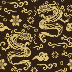 Wall Mural - Seamless pattern with Dragon. Gold and black colors pattern. Symbol of 2024. Year of the Dragon.	
