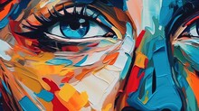 Oil Painting Of A Woman Face. Girl's Face Made From Splashes Of Colored Acrylic Paints . Fantasy Concept , Illustration Painting.