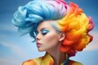 Vibrant woman sporting rainbow-colored hair against a sky-blue backdrop, exuding pop-inspired boldness with striking bright colors
