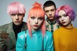 © Breezze - Edgy fashion photo of a diverse group of young individuals with vivid dyed hair, radiating in a blend of dark pink, light azure, and purple tones, embodying the genderless kitsch aesthetic