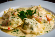 Ravioli Pasta Stuffed With Lobster And Shrimp In Creamy Sauce, Garnished With Parsley—mouthwatering Macro Shot Of A Classic Italian Gourmet Meal.