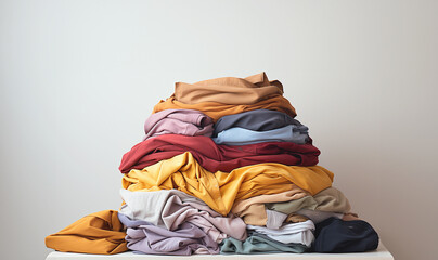 Sticker - Stack of colorful clothes. Pile of clothing on table empty space background. Laundry and household by the washing machine in clean white room. Modern interior with copy space