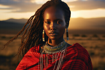 A dramatic portrait of a Maasai woman with beaded accessories and traditional clothing