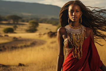 A dramatic portrait of a Maasai woman with beaded accessories and traditional clothing