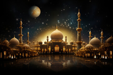 Wall Mural - Illustration of a mosque adorned with golden patterns, the spiritual aura of Ramadan