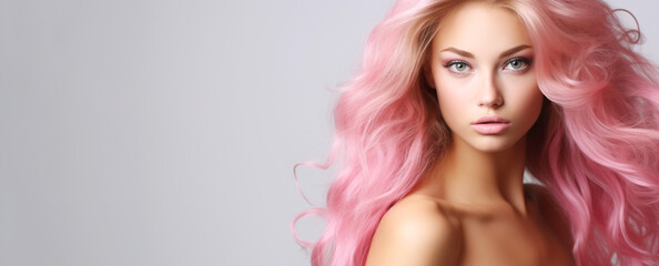 Beautiful model advertises pink hair color in Barbie style pink. Advertising design for cosmetics, beauty salon. Banner. Generative Ai content.