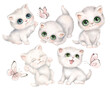 Set of Cute fluffy kittens with butterflies. Collection of White Kitty Cats, Hand drawn watercolor digital illustration. Cartoon baby pet animals