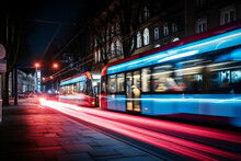 Tram At Night In The Street, European City, Germany, France, Poland, United Kingdom, Vienna, Munich