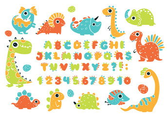 Dino collection with alphabet and numbers. Funny comic font in simple hand-drawn cartoon style. Various dinosaur characters. Colorful isolated doodles on a white background.