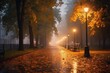 © DenisNata - Night alley in autumn city park with benches and light lanterns, wet after rain