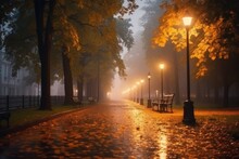 Night Alley In Autumn City Park With Benches And Light Lanterns, Wet After Rain