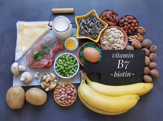 Wall Mural - Healthy food rich in vitamin B7 (biotin). Natural food sources of vitamin B7: seeds,nuts, meat, legumes, dairy products, mushroom, eggs, banana, potatoes. Healthy diet eating.