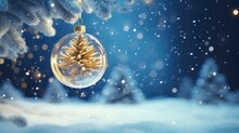 Christmas Tree Inside Snow Ball Hanging On Fir Branch