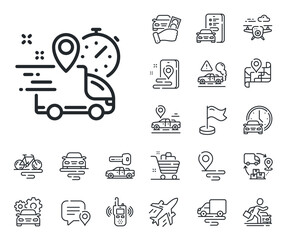 Poster - Courier truck location sign. Plane, supply chain and place location outline icons. Express delivery line icon. Order delivery symbol. Express delivery line sign. Vector
