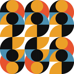 Poster - Geometric abstract vector seamless pattern with circles, rectangles and squares in retro Bauhaus style. Pastel colored simple shapes graphic background.