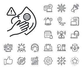 Poster - Hand warning sign. Place location, technology and smart speaker outline icons. Dont touch face mask line icon. Medical mask hygiene notification symbol. Dirty mask line sign. Vector
