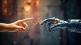 Fototapeta Kosmos - AI creation, human touching the index finger of a robot, generative ai