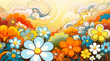 Colorful 70s Retro Style Poster Art With Flowers, And Psychedelic Wavy Shapes, Colors In Orange, Pale Blue, Yellow And Greens. Background Texture Or Wall Art.