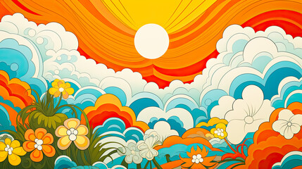 Colorful 70s Retro Style poster art with flowers, and psychedelic wavy shapes, colors in orange, pale blue, yellow and greens. Background texture or wall art.