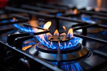 Blue flames of gas burning from a kitchen gas stove