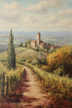 Colorful Vintage Oil Painting Of Tuscany, Italy